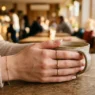 Woman's hand with fresh french tip manicure in soft golden hour lighting showing natural nail enhancement