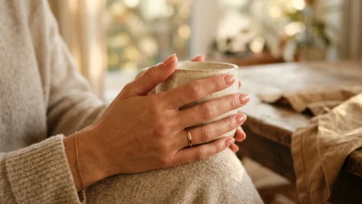 Woman's hand showing fresh natural manicure in soft golden hour lighting with shallow depth of field