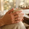 Woman's hand showing fresh natural manicure in soft golden hour lighting with shallow depth of field