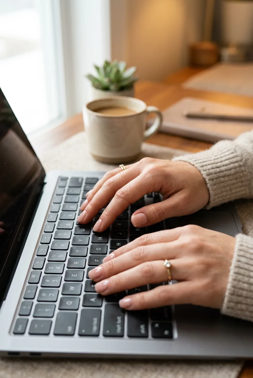 Woman's hands with fresh salon short acrylic nails typing on laptop showing flawless professional finish