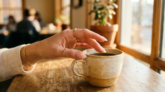 Woman's hand reaching for coffee cup showing clear gel nails in golden morning light