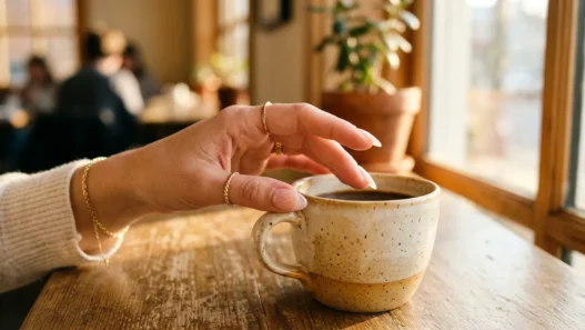 Woman's hand reaching for coffee cup showing clear gel nails in golden morning light