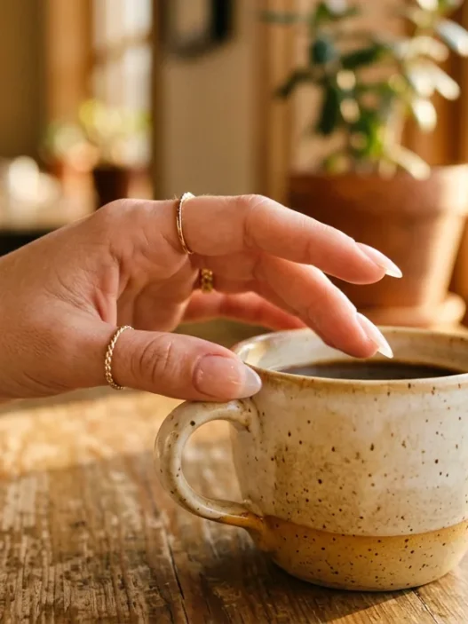 Woman's hand reaching for coffee cup showing clear gel nails in golden morning light