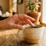 Woman's hand reaching for coffee cup showing clear gel nails in golden morning light