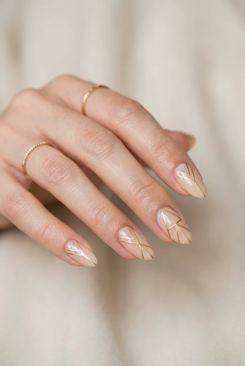 Woman's hand displaying geometric gold line art on nude base almond shaped nails