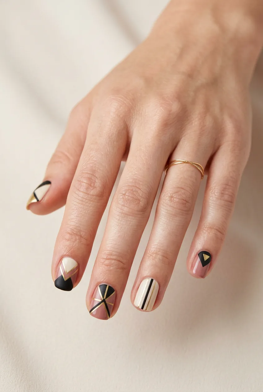 Close-up of geometric line patterns and color blocking nail art on woman's short nails