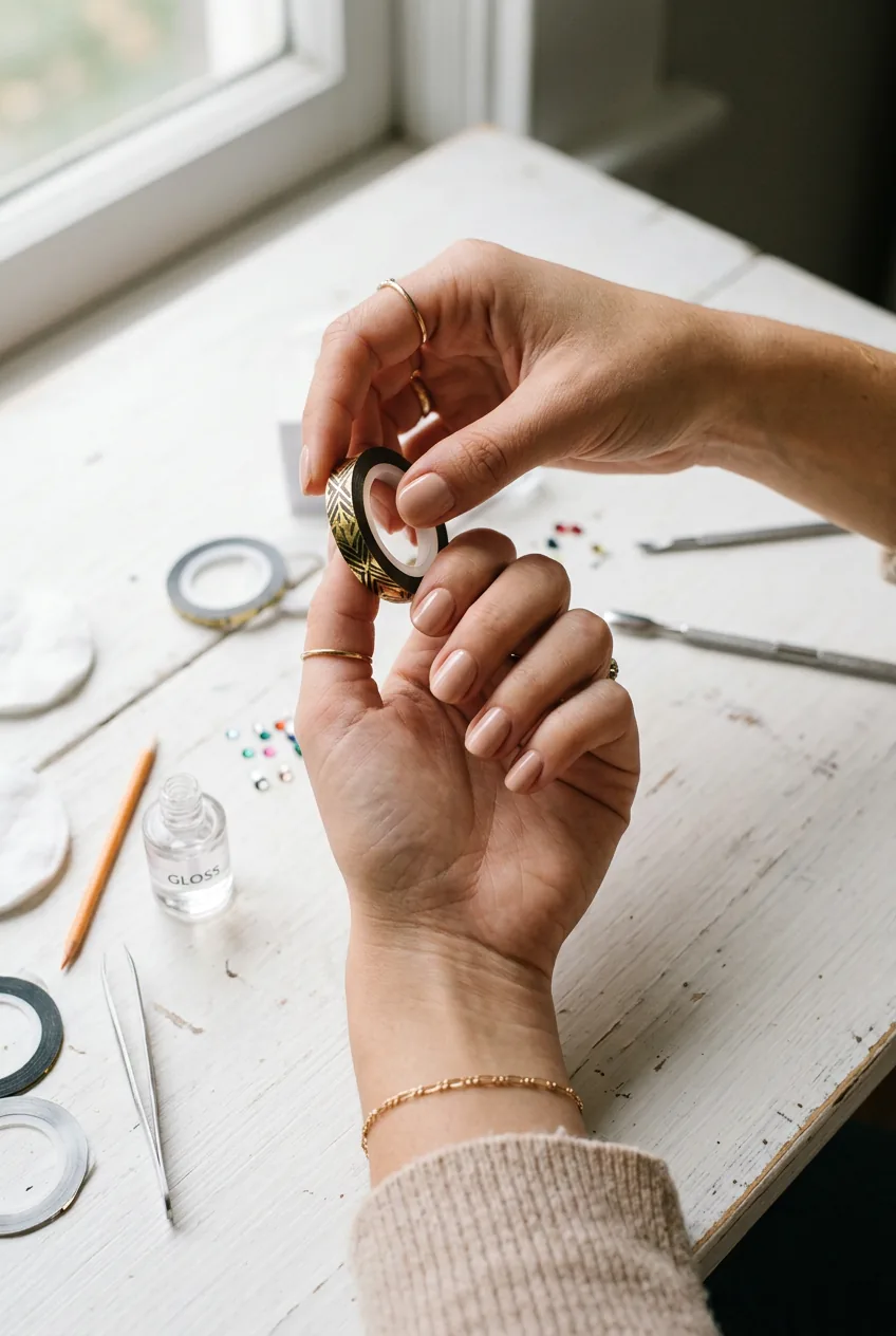 Woman's hand holding geometric tape for nail art with nude base and craft supplies visible