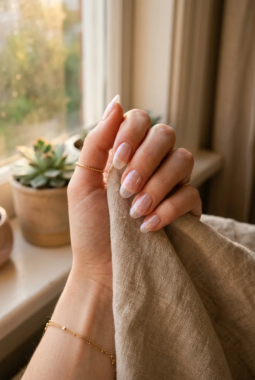 Woman's hand with glass-effect transparent nails showing iridescent finish near window