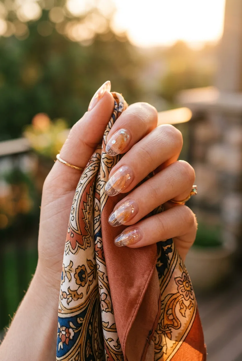 Woman's hand showing transparent glass-effect nails with optical depth while holding silk fabric