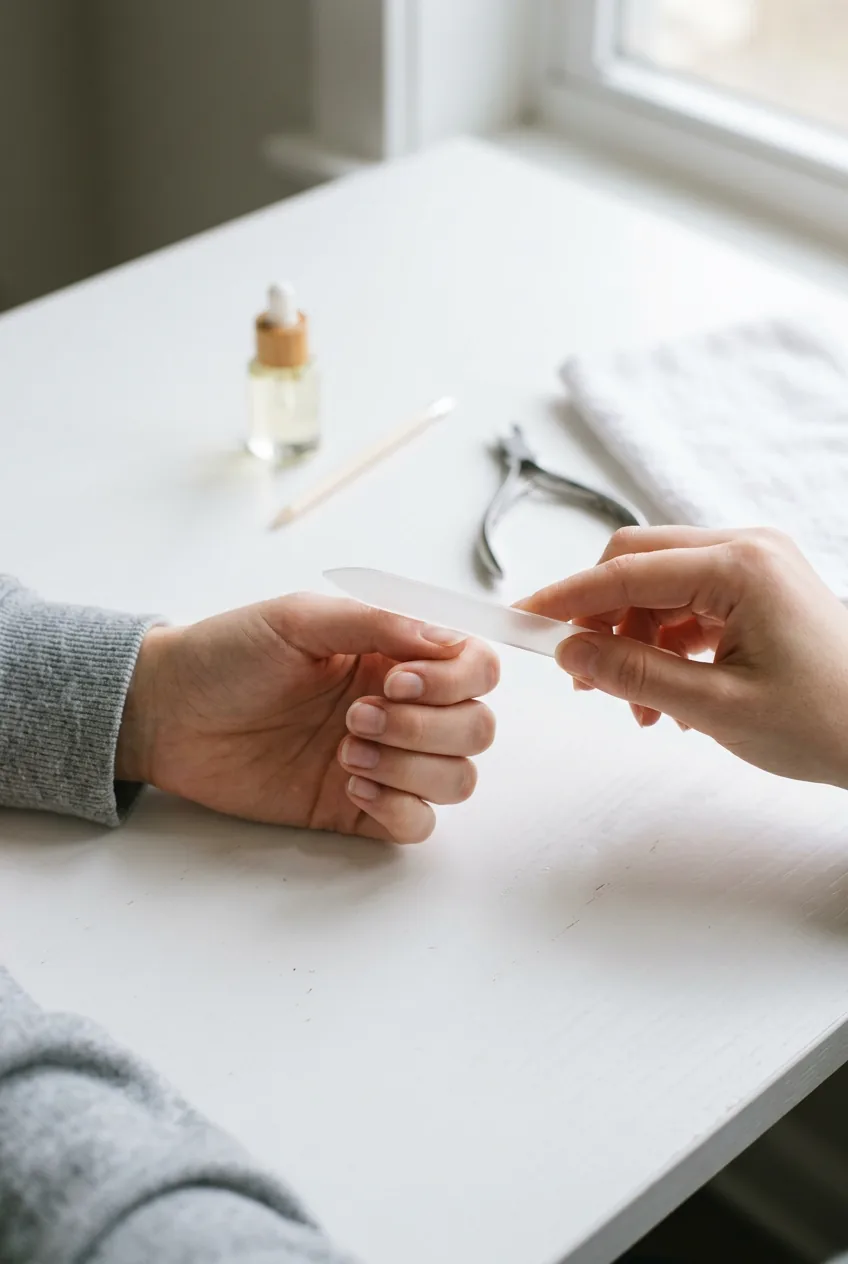 Glass nail file being used in one direction on natural nail showing proper filing technique