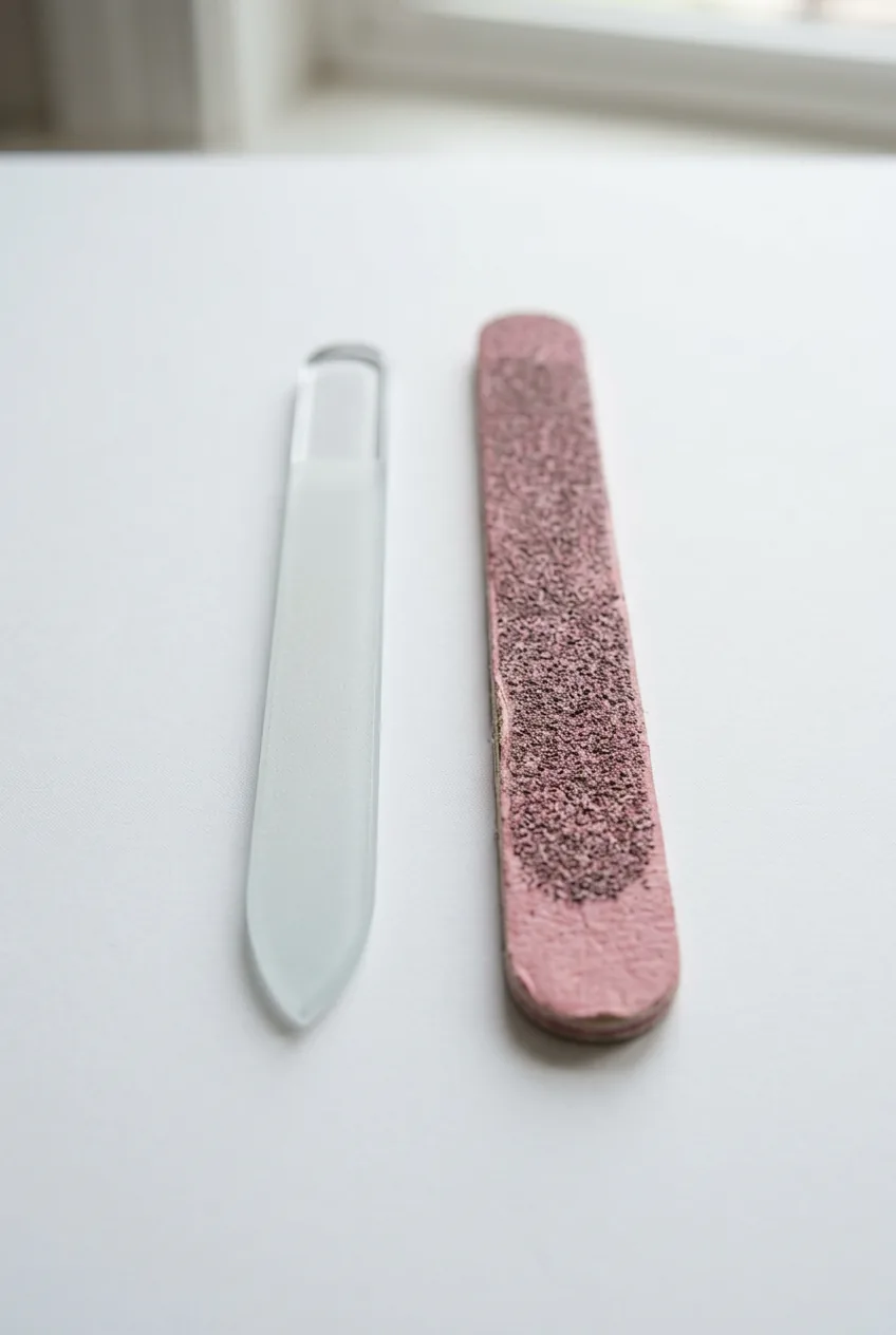 Glass nail file and traditional emery board comparison showing construction quality differences