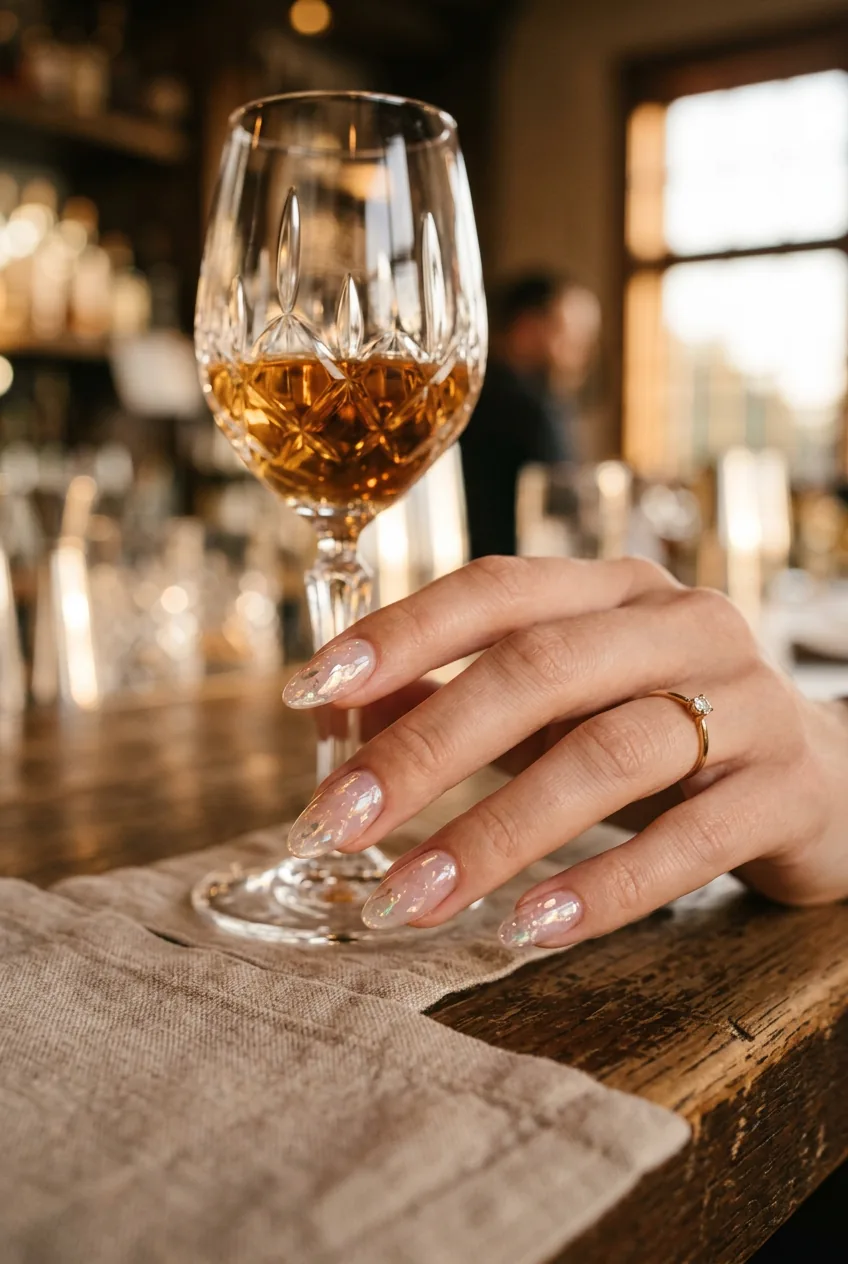 Woman's hand with glass effect nails demonstrating perfect clarity positioned near crystal glassware