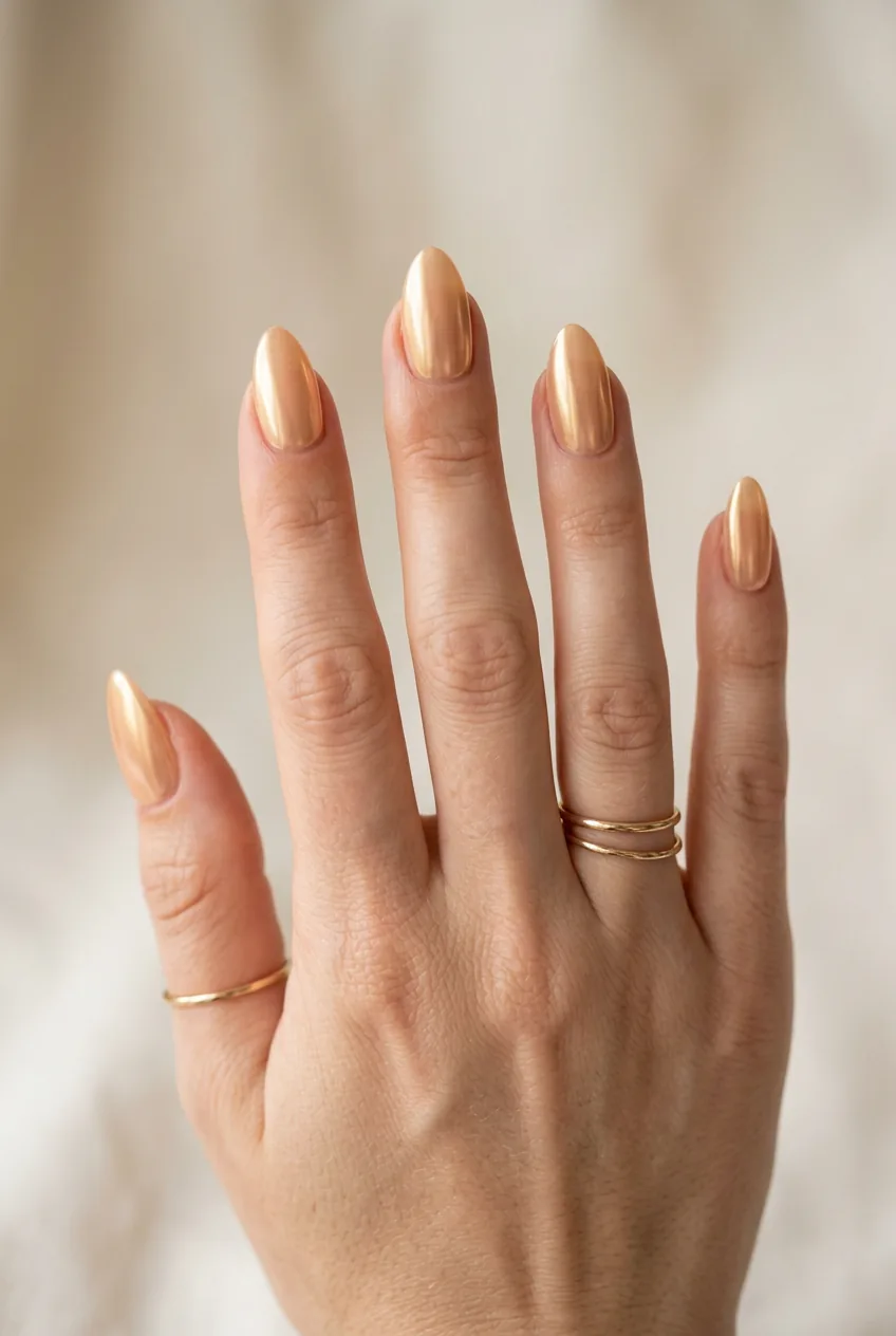 Woman's hand displaying glazed chrome nails in soft gold finish over peachy base