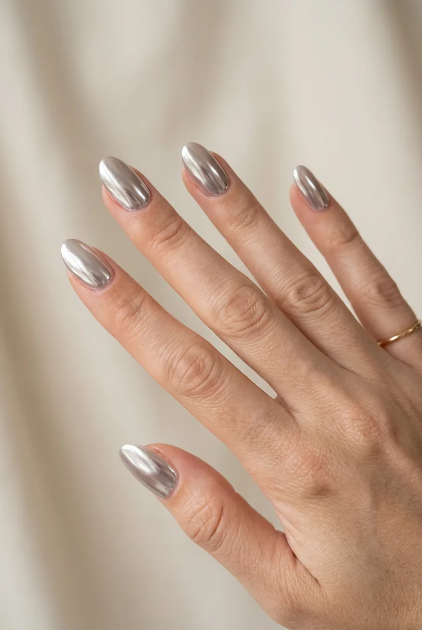 Woman's hand displaying glazed chrome nails with mirror-like reflective finish catching light