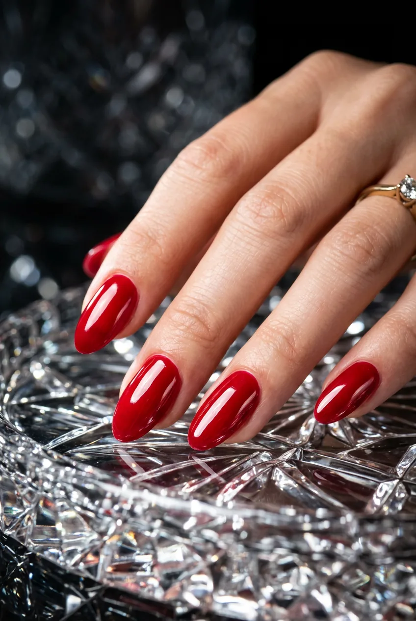 High-gloss cherry red nails creating reflections near crystal mirror surface
