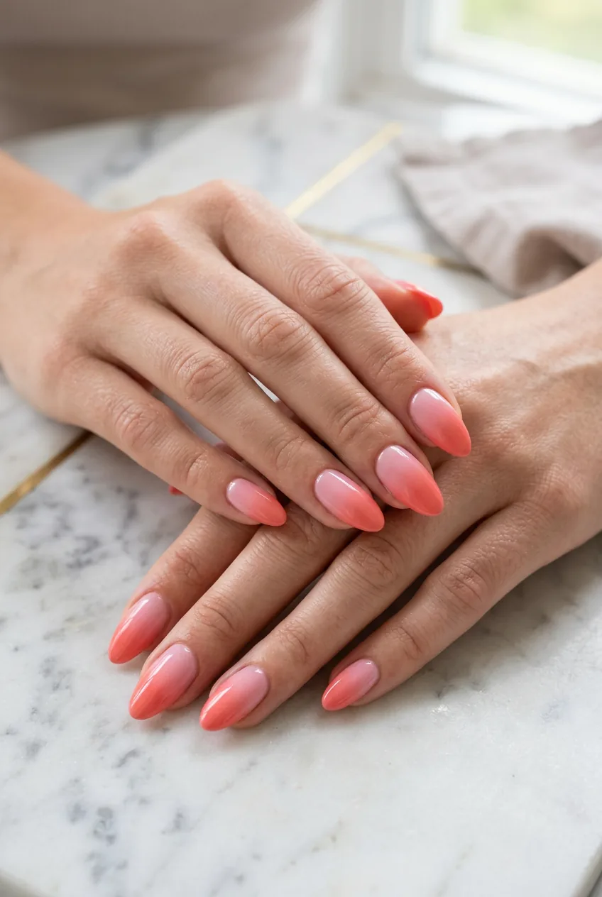 Completed gradient manicure showing pink to coral ombré with glossy top coat finish