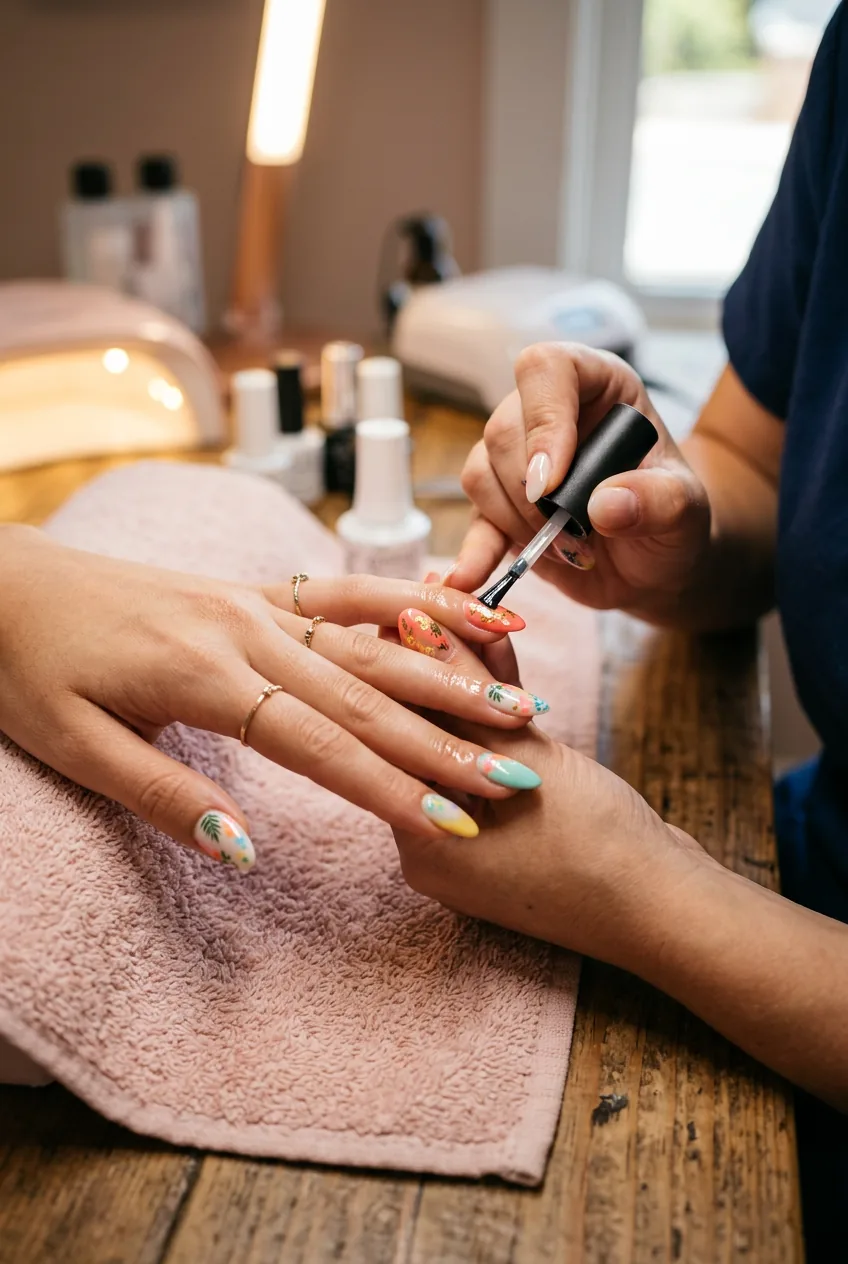 Final top coat application creating glossy finish on completed coral and cream summer manicure