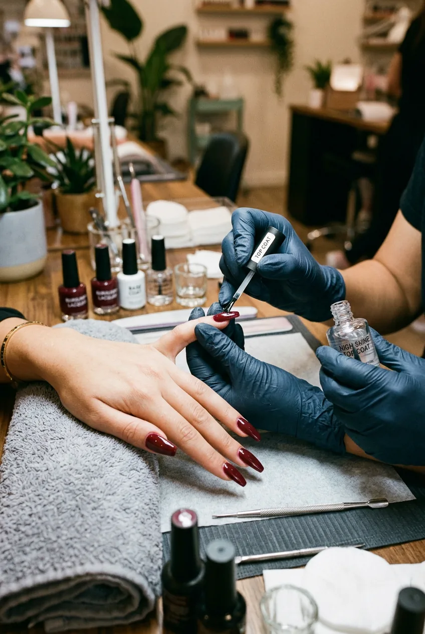 Woman applying glossy clear top coat to burgundy coffin nails creating mirror-like reflective finish