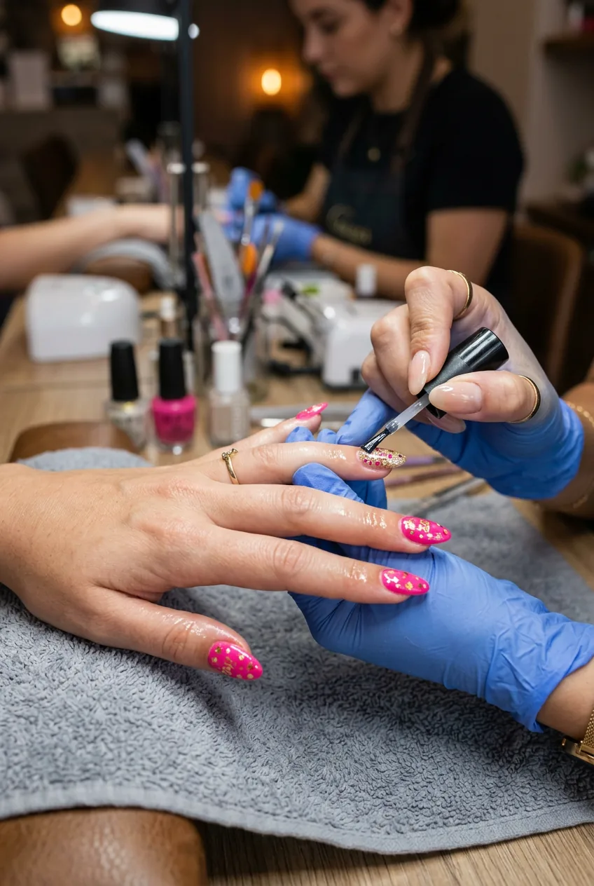 Nearly finished birthday nails receiving glossy top coat application over completed celebration design