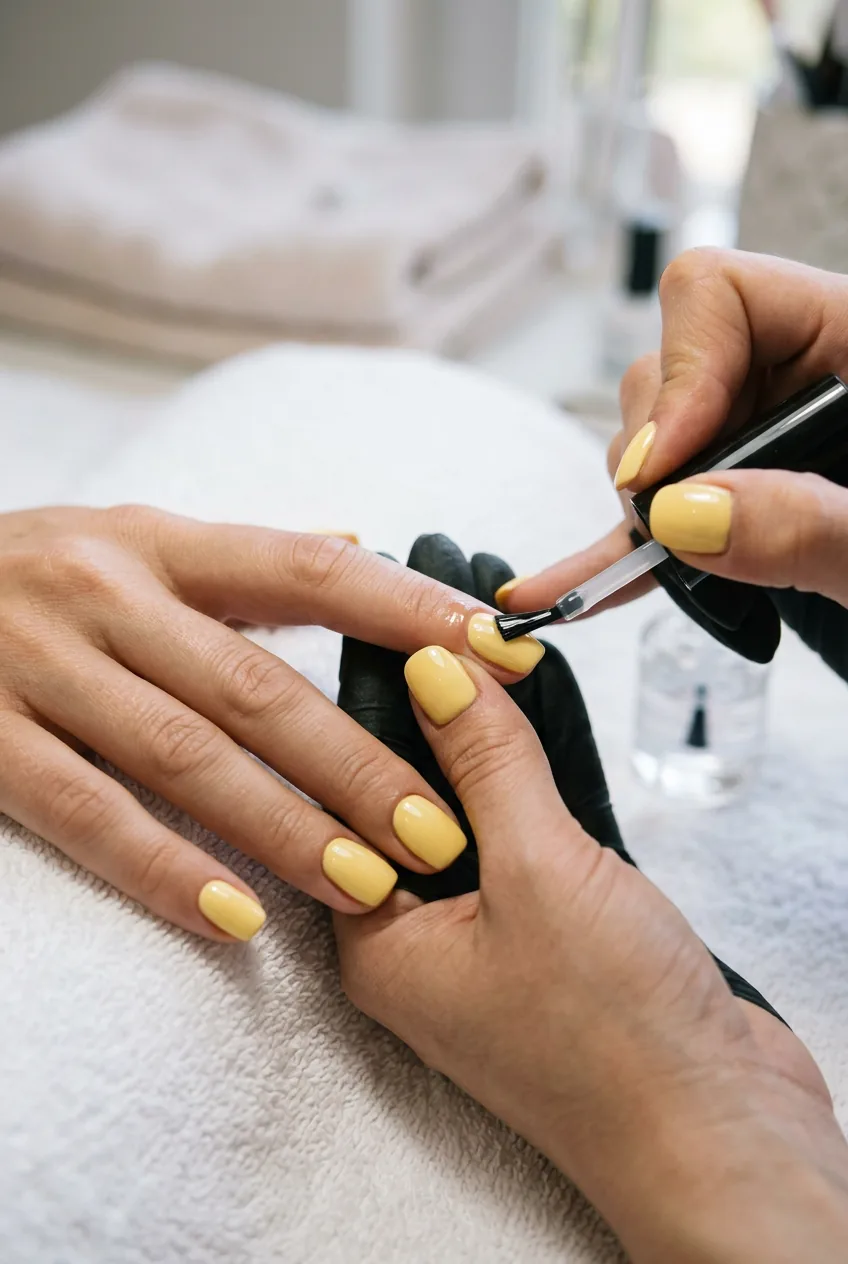 Thick glossy top coat being brushed over completed butter yellow nails creating smooth reflective layer