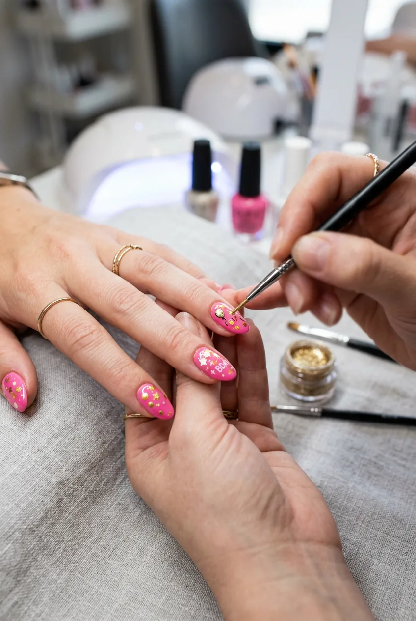 Birthday nail art in progress showing gold dots being applied to bright pink base with dotting tool
