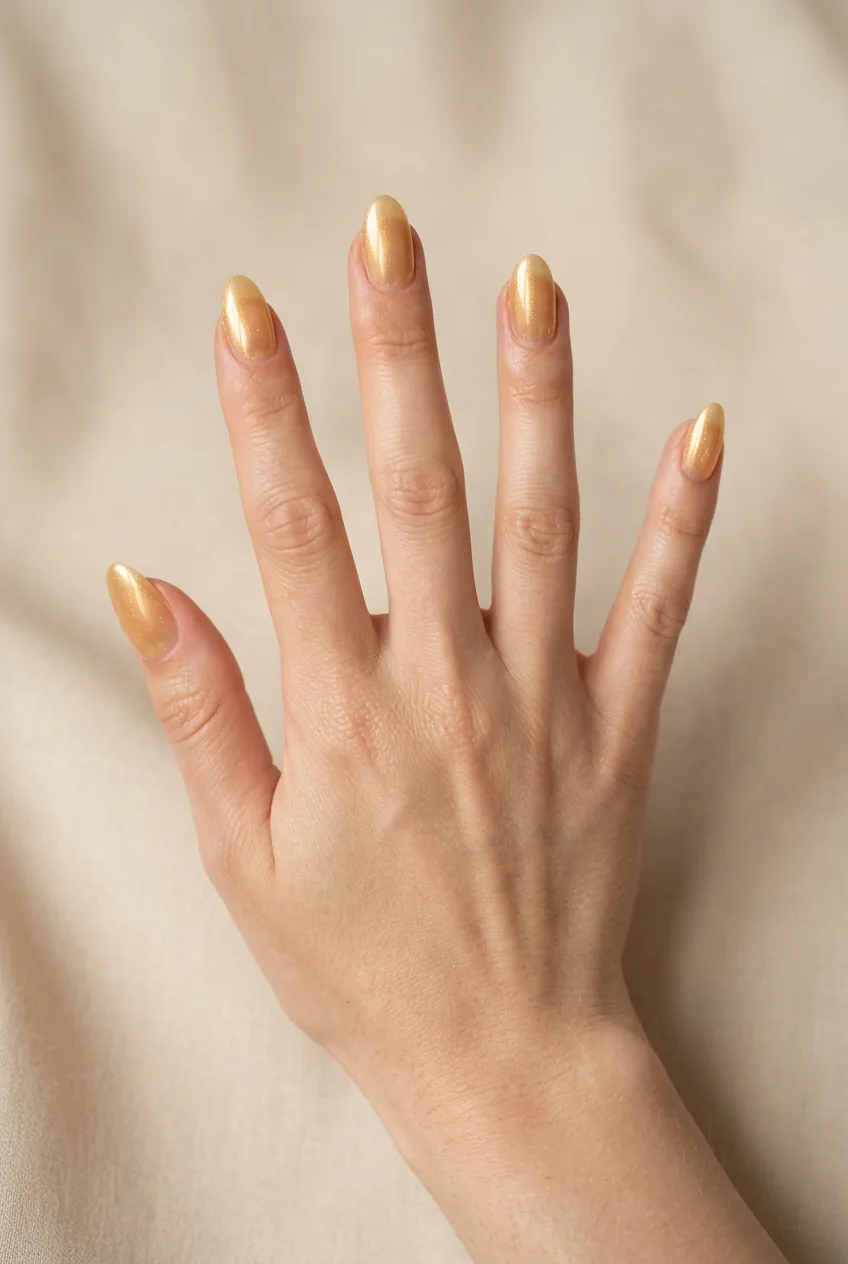 Natural nail length with translucent golden tint creating warm glowing effect