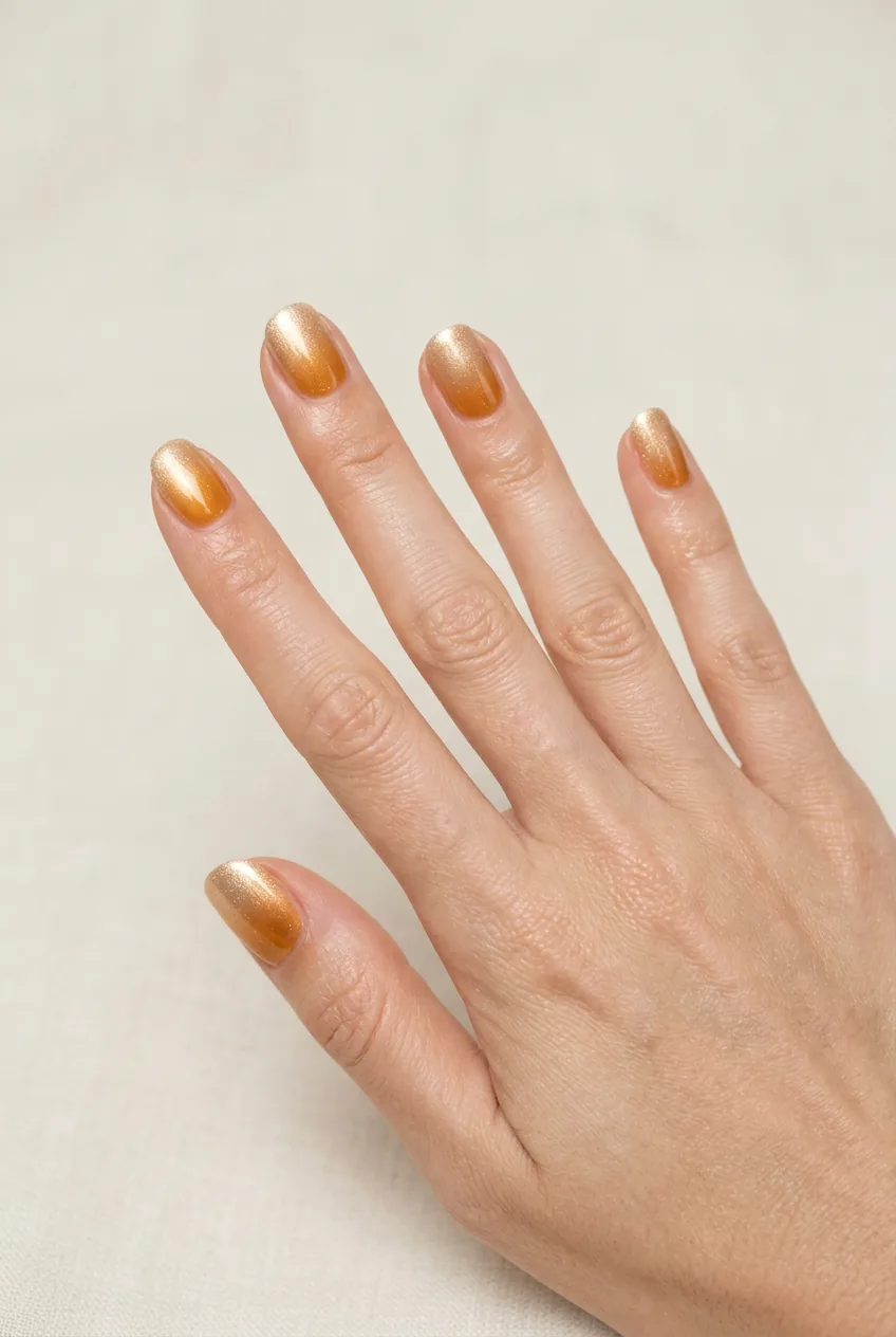 Woman's hand displaying golden hour gradient manicure transitioning from amber to champagne tips