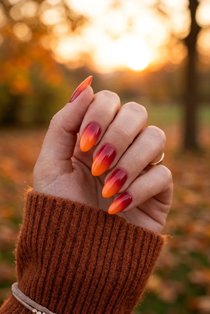 Gradient sunset nail design showing smooth orange to deep red color transition in warm lighting