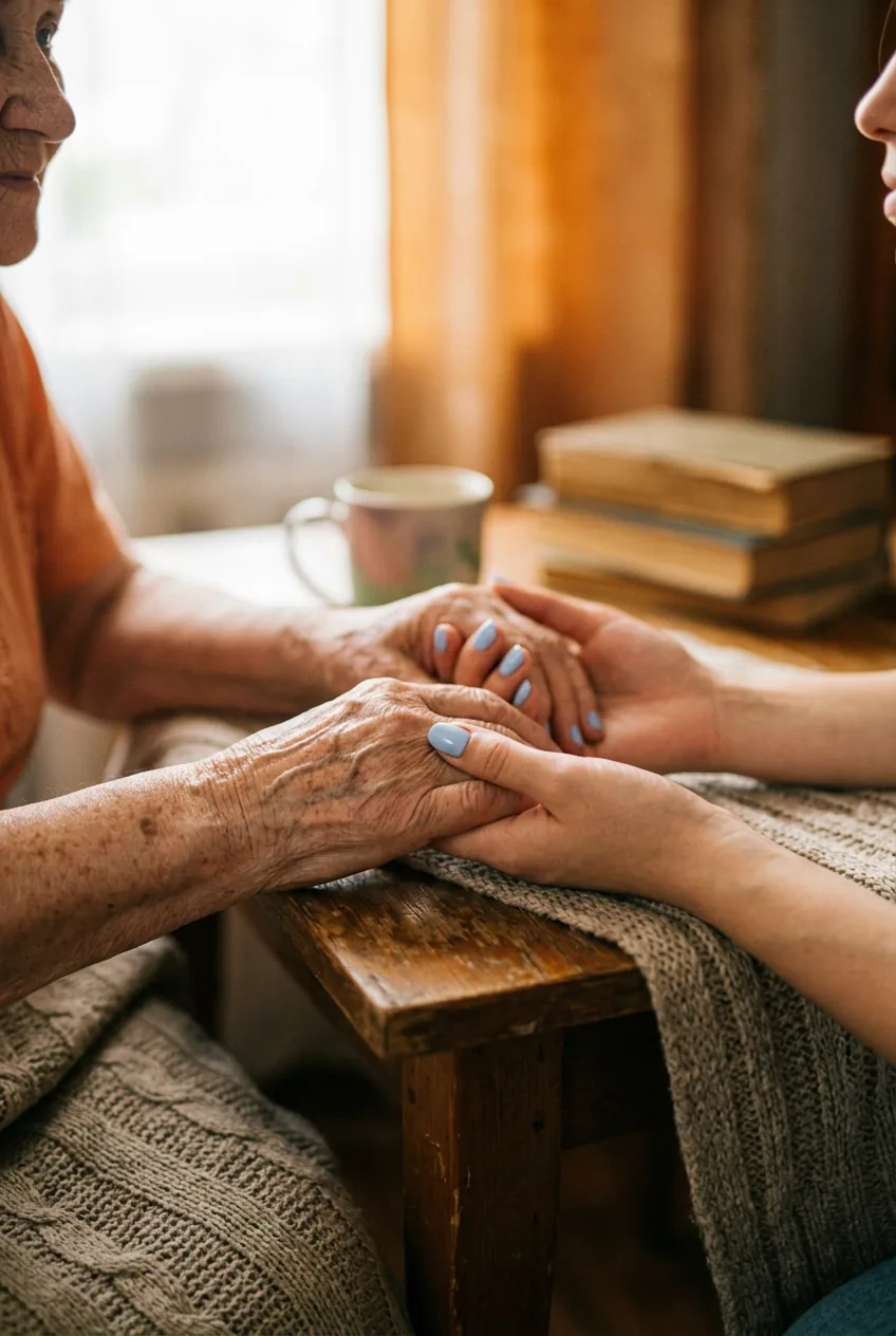 Elderly woman's hands gently holding younger woman's hands showing baby blue manicured nails