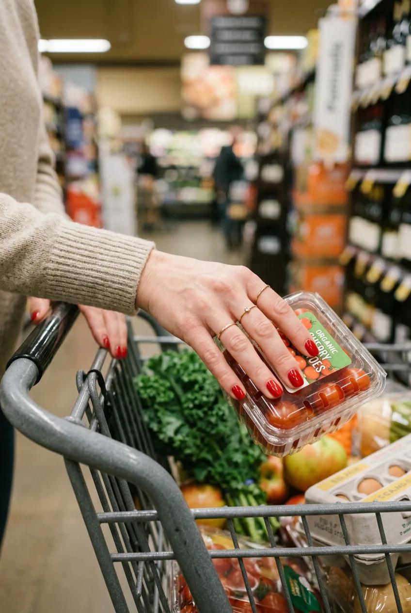Woman's hands reaching for grocery items with perfect red manicured nails against shopping cart