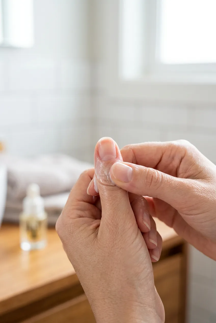 Hand cream being massaged around nail beds and cuticles during daily nail care routine