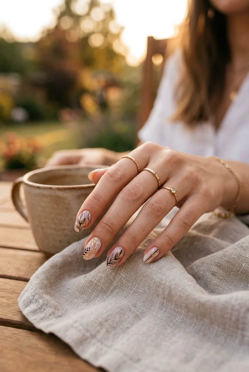 Woman's hand displaying intricate hand-painted nail art with delicate line work details
