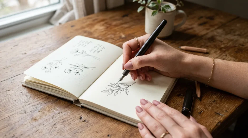 Manicured hand sketching in notebook with fountain pen on wooden desk in natural light