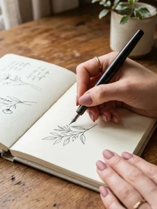 Manicured hand sketching in notebook with fountain pen on wooden desk in natural light