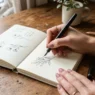 Manicured hand sketching in notebook with fountain pen on wooden desk in natural light