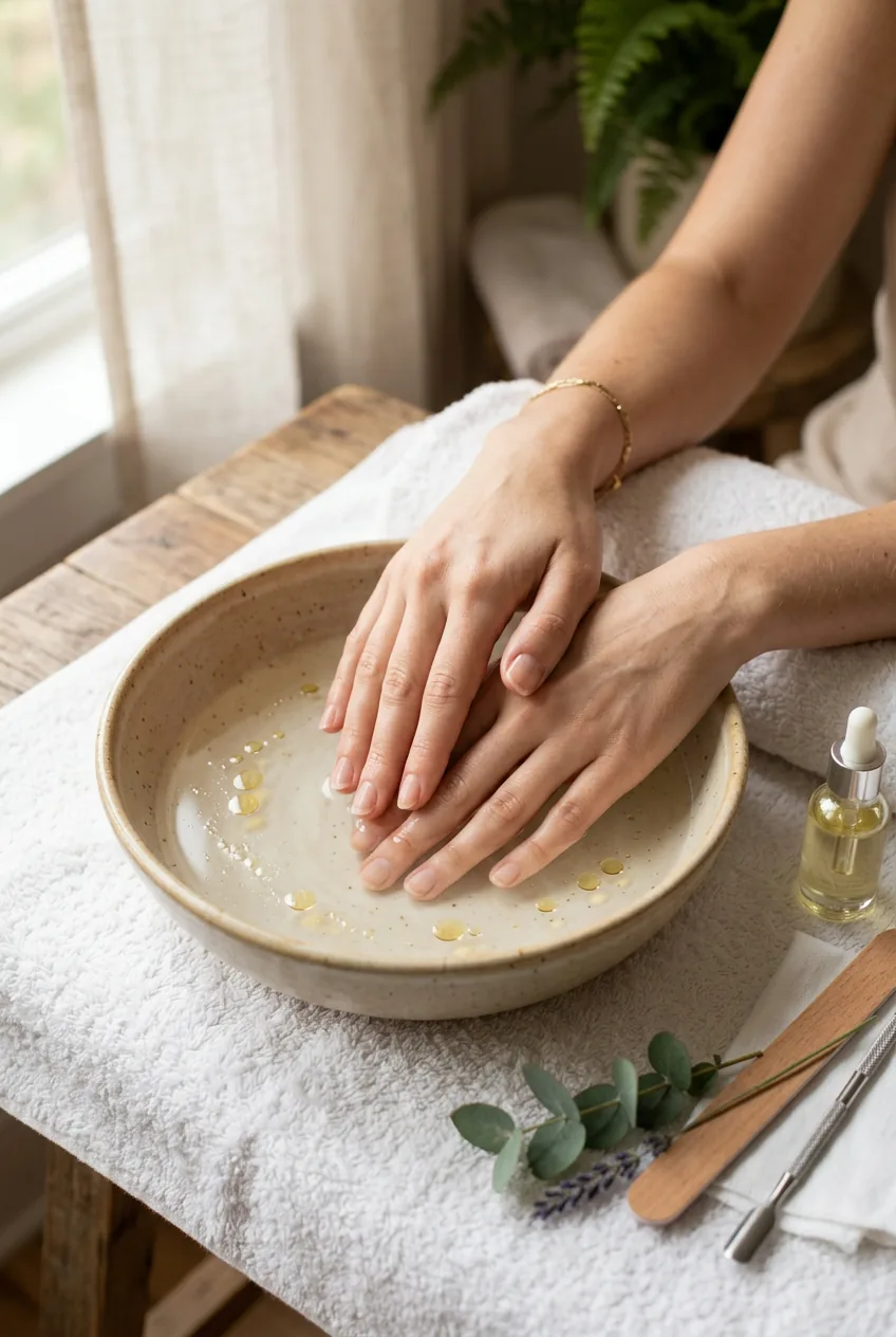 Hands soaking in ceramic bowl with warm water and cuticle oil during manicure prep