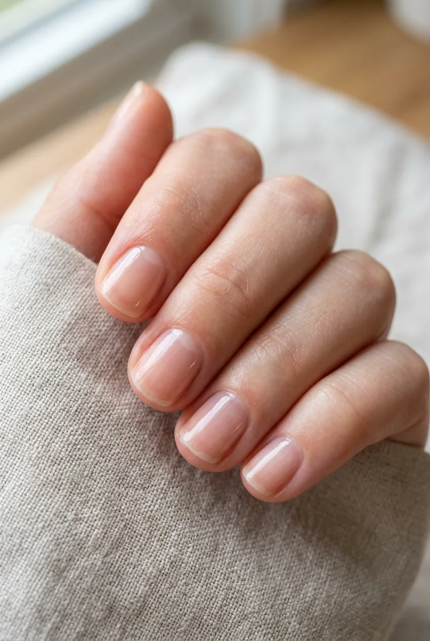 Natural nails with clear base coat showing healthy shine and well-maintained cuticles
