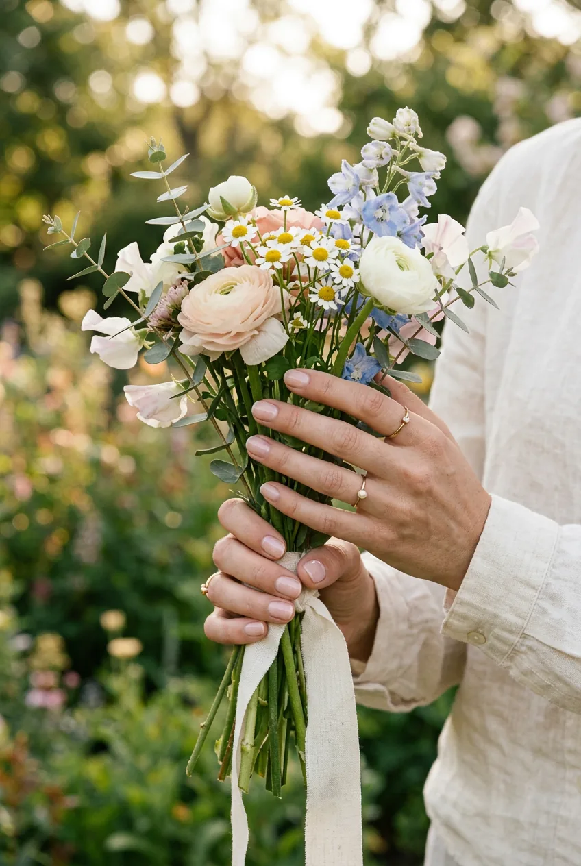 Woman's hands holding fresh flowers with understated nail inspo manicure and natural finish