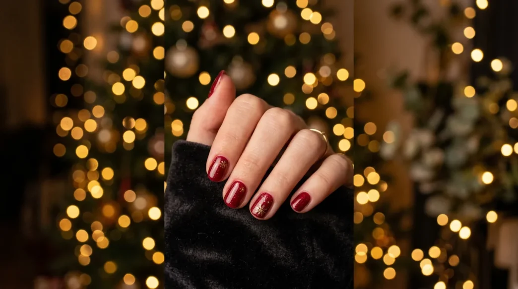 Woman's manicured hand against blurred warm fairy lights creating golden bokeh background