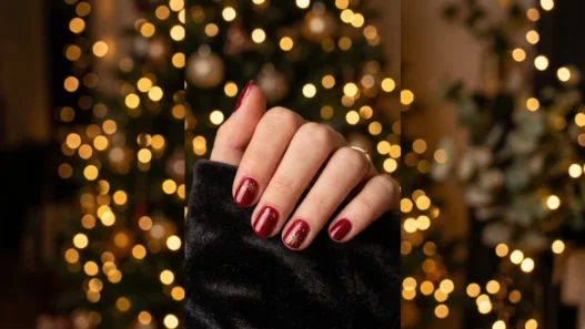 Woman's manicured hand against blurred warm fairy lights creating golden bokeh background