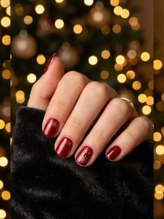 Woman's manicured hand against blurred warm fairy lights creating golden bokeh background