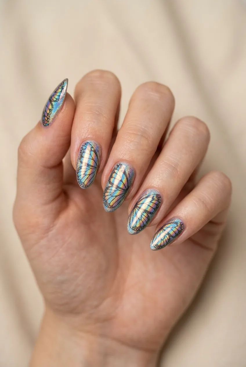 Woman's hand displaying holographic butterfly wing manicure with rainbow color-shifting effect