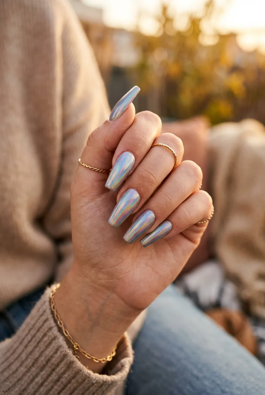 Woman's hand with coffin-shaped holographic nails in natural gesturing position