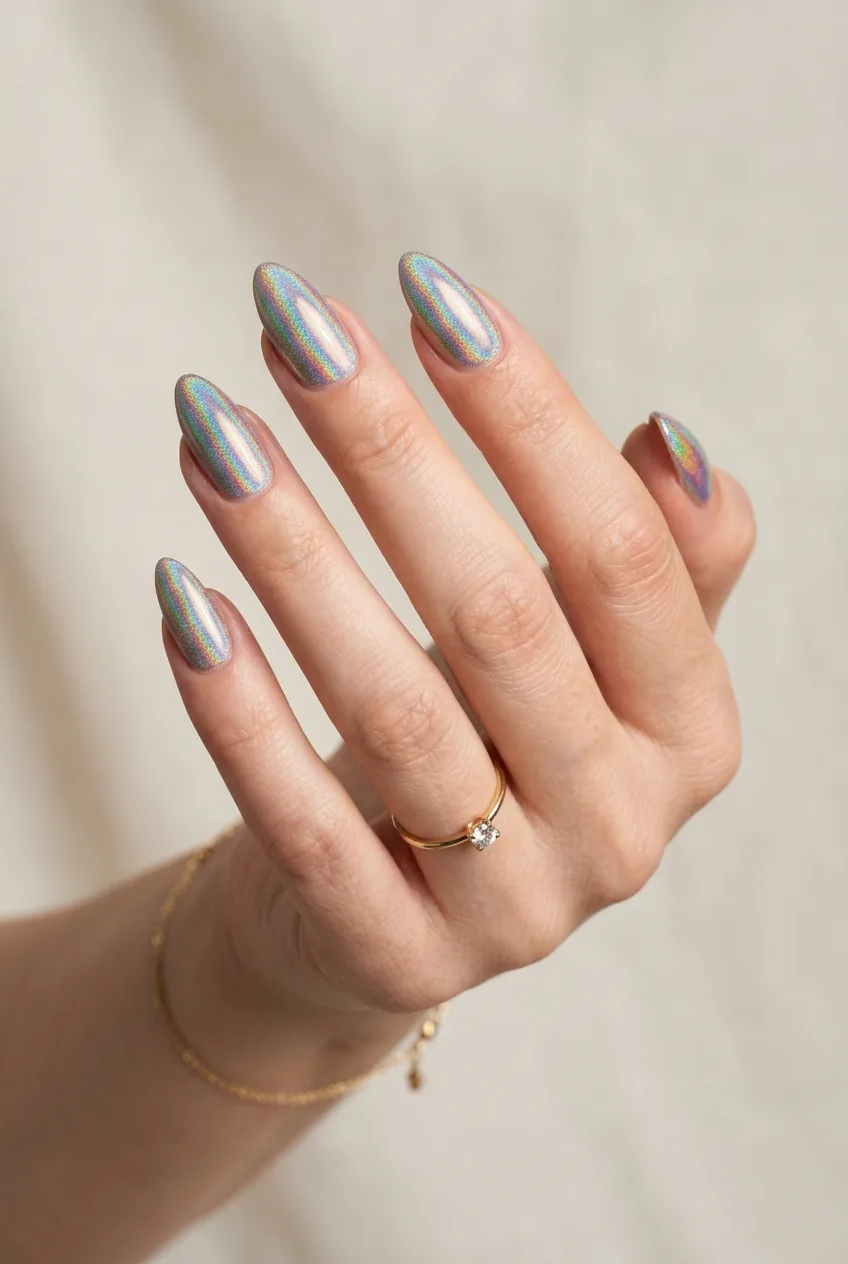 Woman's hand showing holographic rainbow almond nails with iridescent light reflections