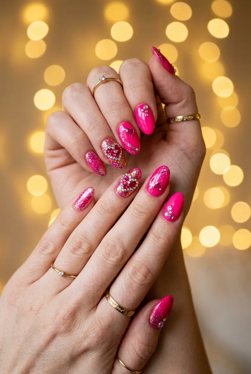 Hands showing bright pink nails with rhinestone hearts and glitter against warm bokeh lighting