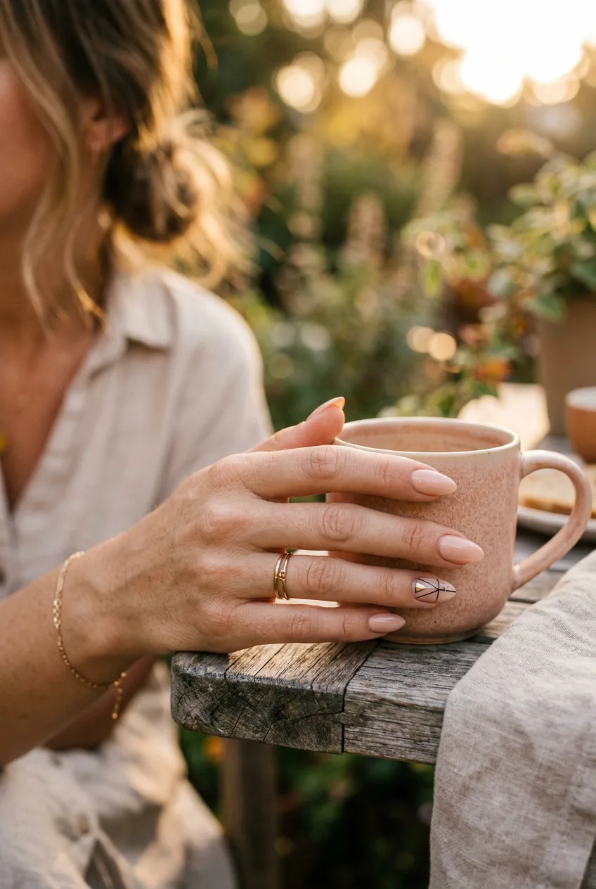 Woman's hand showing hybrid almond design with nude base and single geometric accent