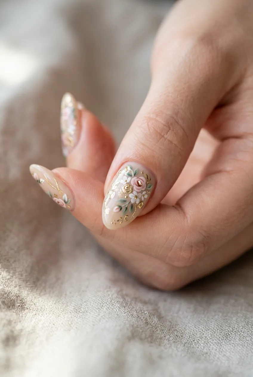 Close-up detail of hand-painted floral nail art with metallic accents and clean application