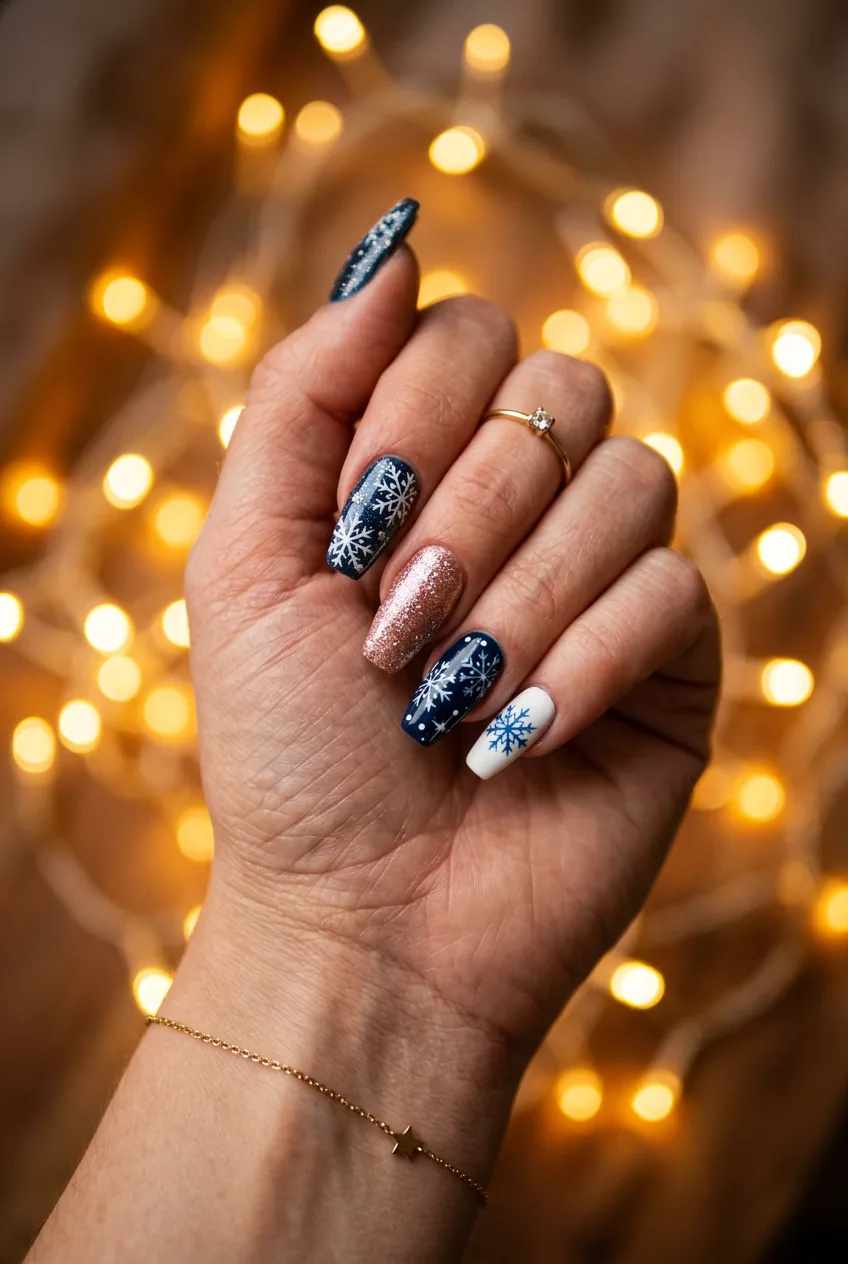 Intricate 2016 style coffin nails featuring multiple nail art techniques and snowflake details