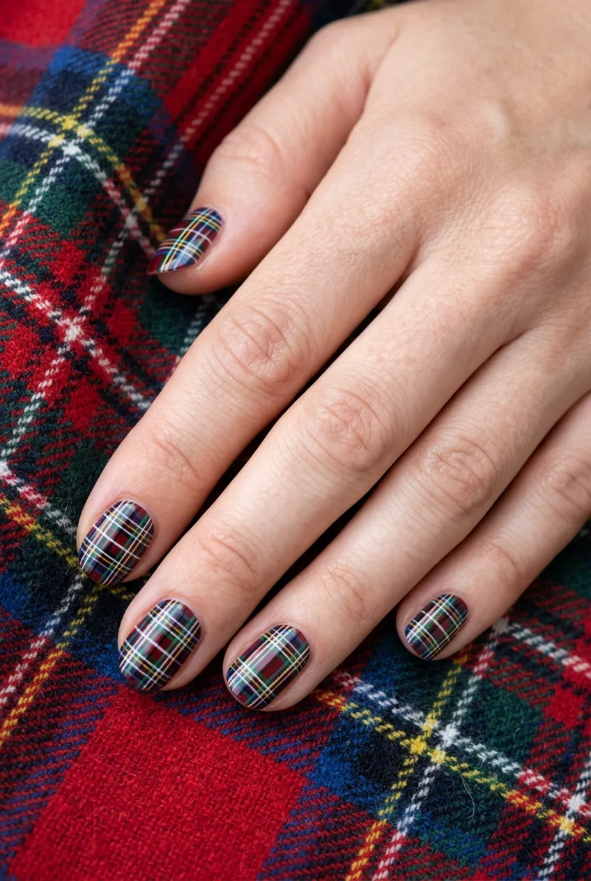 Complex tartan plaid nail pattern across all nails with multiple overlapping colors and precise lines