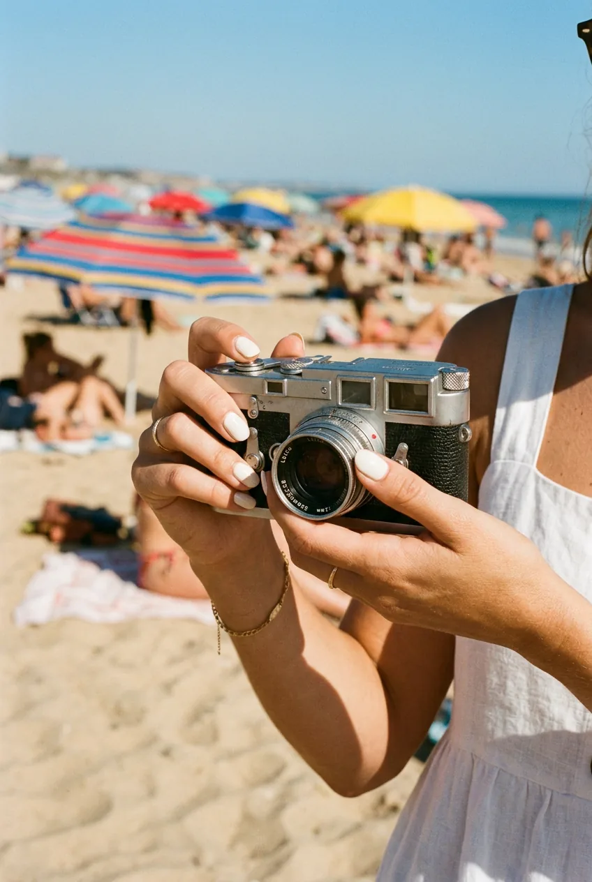 Ivory nail polish on hands holding vintage camera with colorful beach umbrellas in background